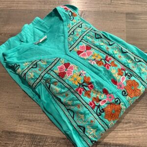 Anu Teal Floral Embroidered Peasant Blouse Boho Rayon Top S/M